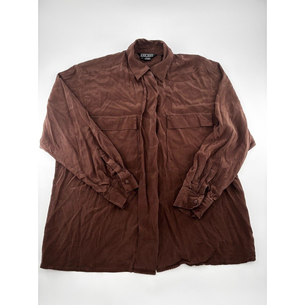 Vtg Ann May 100% Silk Blouse Womens Size L Brown Button Down Shirt Pockets